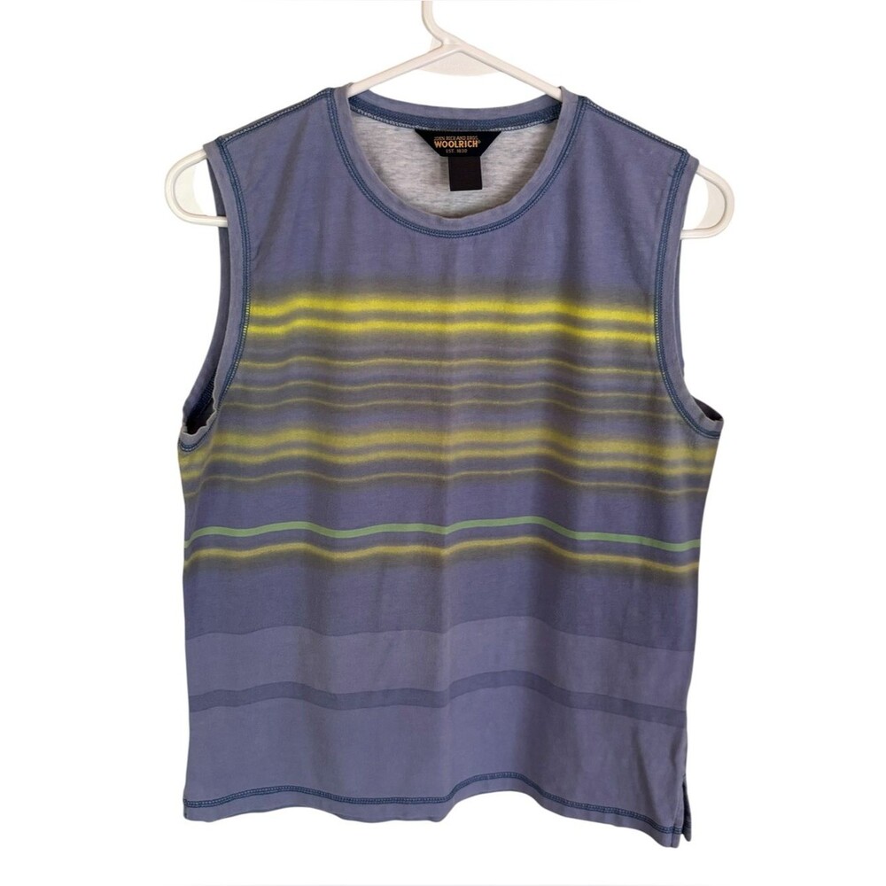 Vintage Y2K Woolrich Women's Blue Striped Sleeveless Top Stretch Cotton Outdoors